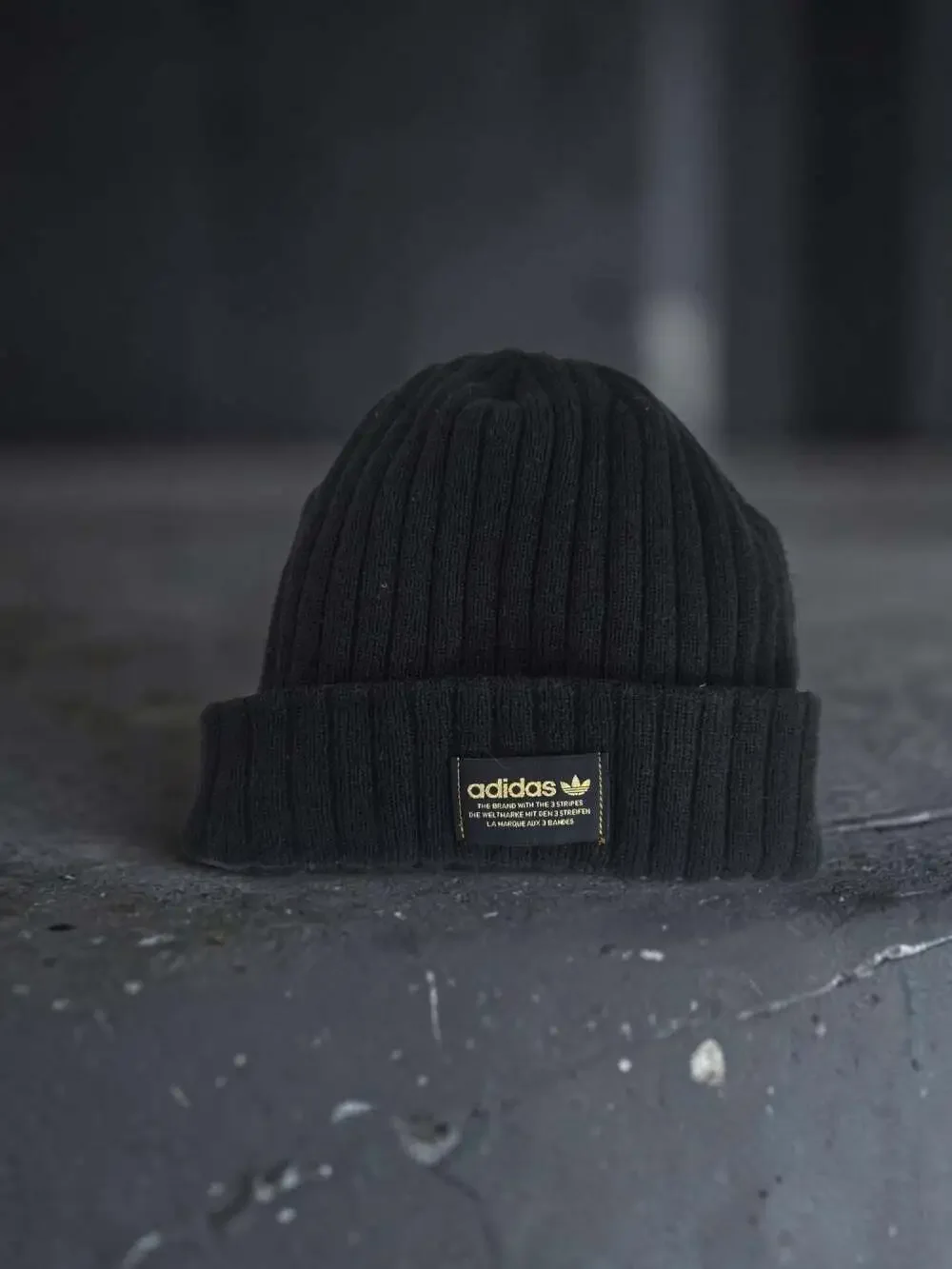 Adidas Originals Wide Ribbed Knit Beanie with Gold Trefoil Logo Patch